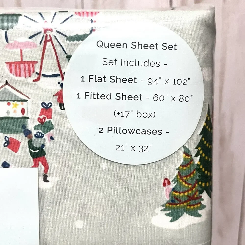NEW!! Cath Kidston London Snow Day Duckegg Queen Sheet Set Christmas Winter Town
